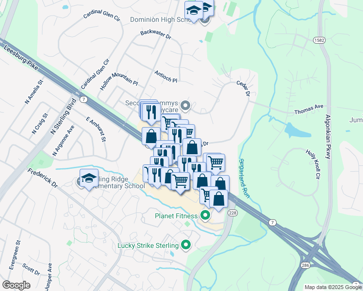 map of restaurants, bars, coffee shops, grocery stores, and more near 46930 Cedar Lake Plaza in Sterling