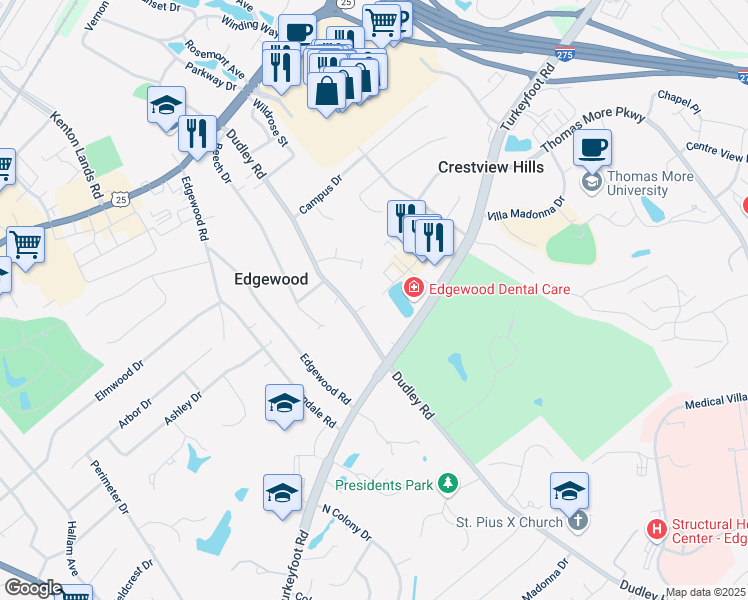 map of restaurants, bars, coffee shops, grocery stores, and more near 2950 Foltz Drive in Edgewood