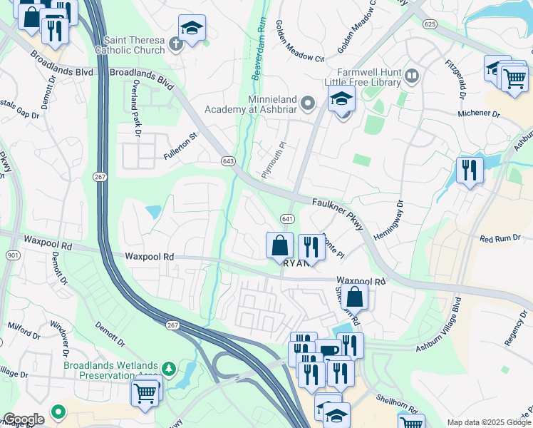 map of restaurants, bars, coffee shops, grocery stores, and more near 21642 Monmouth Terrace in Ashburn
