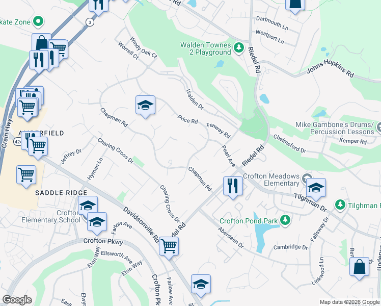 map of restaurants, bars, coffee shops, grocery stores, and more near 2710 Price Road in Crofton