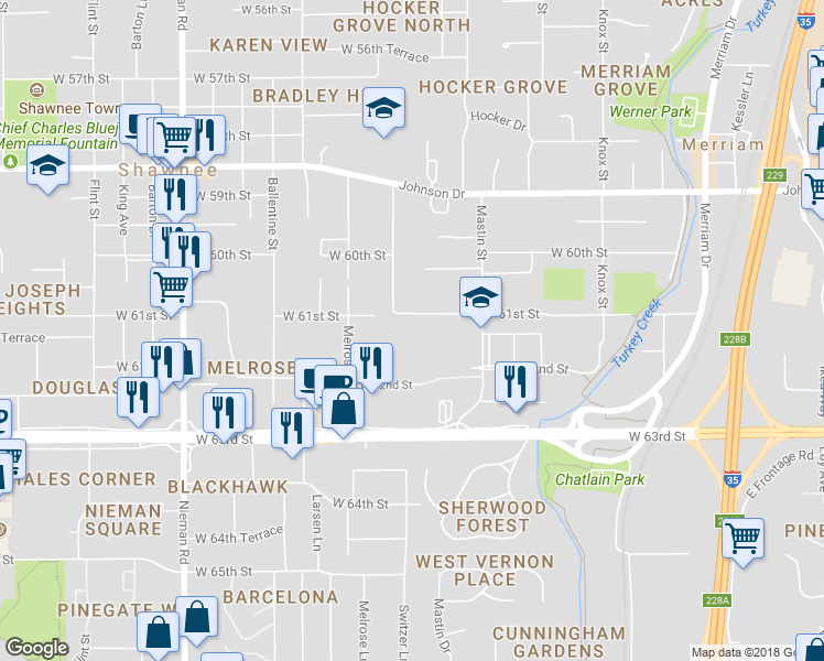 map of restaurants, bars, coffee shops, grocery stores, and more near 10307 West 61st Street in Shawnee