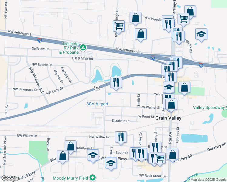 map of restaurants, bars, coffee shops, grocery stores, and more near 630 NW Yennie Street in Grain Valley