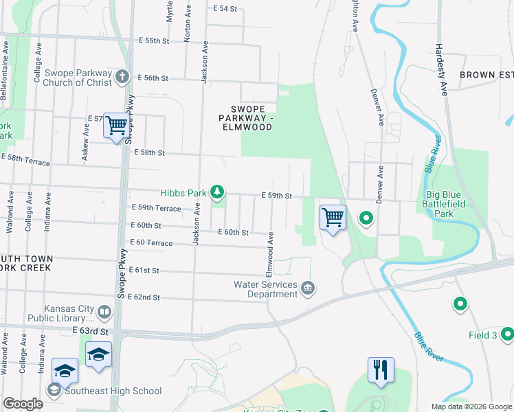 map of restaurants, bars, coffee shops, grocery stores, and more near 5910 Elmwood Avenue in Kansas City