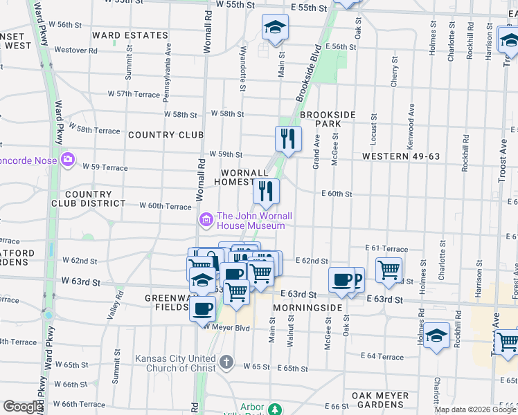 map of restaurants, bars, coffee shops, grocery stores, and more near 6042 Brookside Boulevard in Kansas City