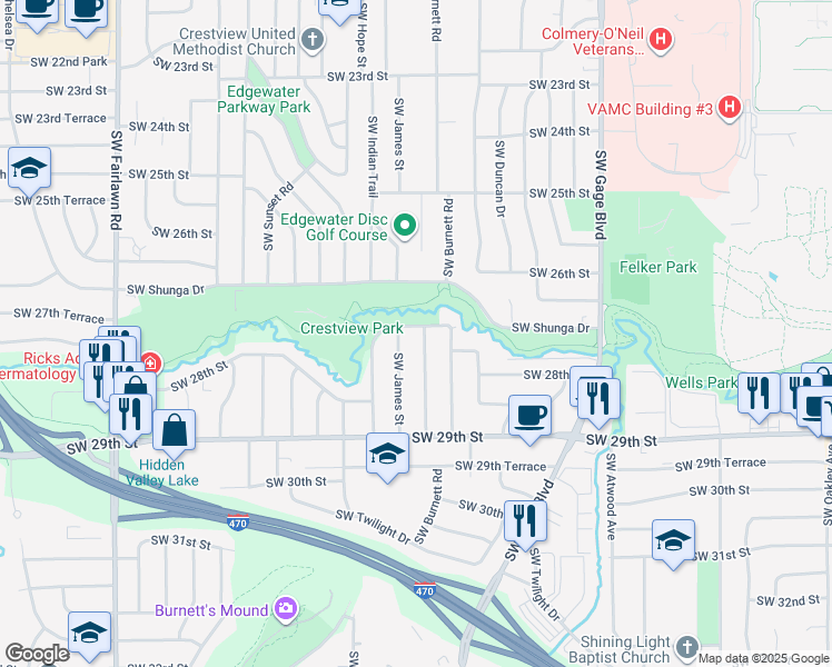 map of restaurants, bars, coffee shops, grocery stores, and more near 2700 Southwest Burnett Road in Topeka