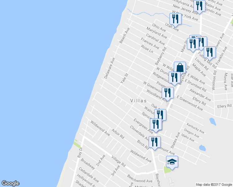 map of restaurants, bars, coffee shops, grocery stores, and more near 155 Spruce Avenue in Villas