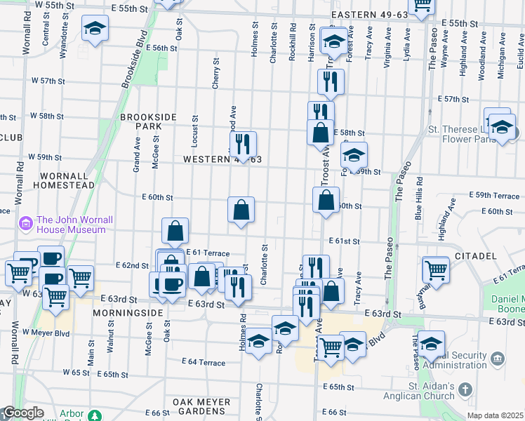 map of restaurants, bars, coffee shops, grocery stores, and more near 6008 Charlotte Street in Kansas City
