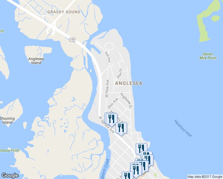 map of restaurants, bars, coffee shops, grocery stores, and more near 706 Allen Drive in North Wildwood