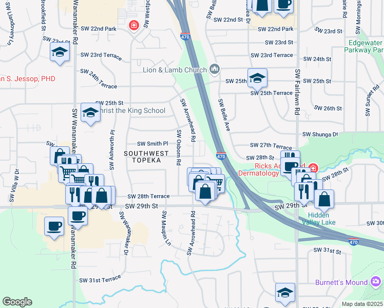 map of restaurants, bars, coffee shops, grocery stores, and more near 2671 Southwest Arrowhead Road in Topeka