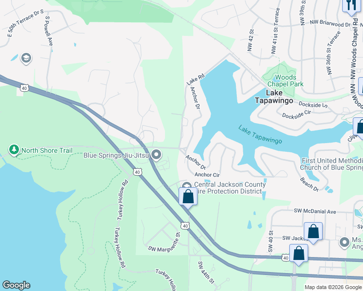 map of restaurants, bars, coffee shops, grocery stores, and more near 144 Anchor Drive in Lake Tapawingo