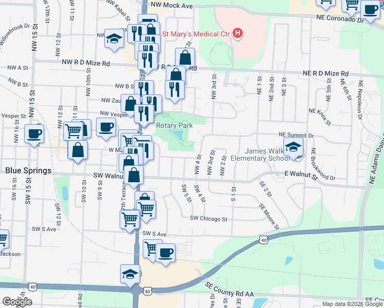 map of restaurants, bars, coffee shops, grocery stores, and more near 401 Northwest Lakeview Road in Blue Springs