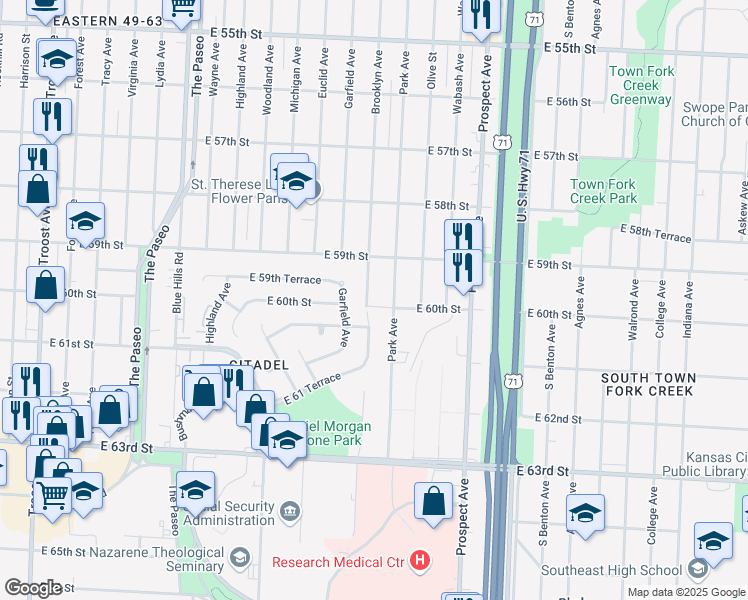 map of restaurants, bars, coffee shops, grocery stores, and more near 5937 Brooklyn Avenue in Kansas City