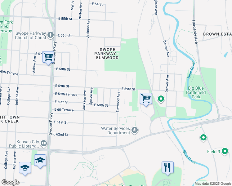 map of restaurants, bars, coffee shops, grocery stores, and more near 5910 Elmwood Avenue in Kansas City