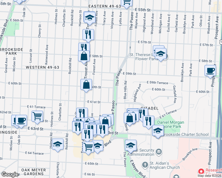map of restaurants, bars, coffee shops, grocery stores, and more near 6000 The Paseo in Kansas City