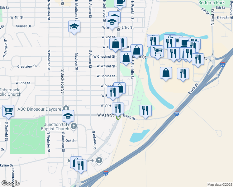 map of restaurants, bars, coffee shops, grocery stores, and more near 522 U.S. 40 Business in Junction City