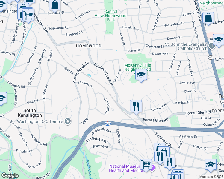 map of restaurants, bars, coffee shops, grocery stores, and more near 9826 Capitol View Avenue in Silver Spring