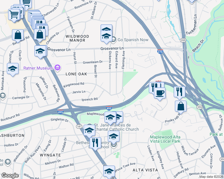 map of restaurants, bars, coffee shops, grocery stores, and more near 9909 Dickens Avenue in Bethesda