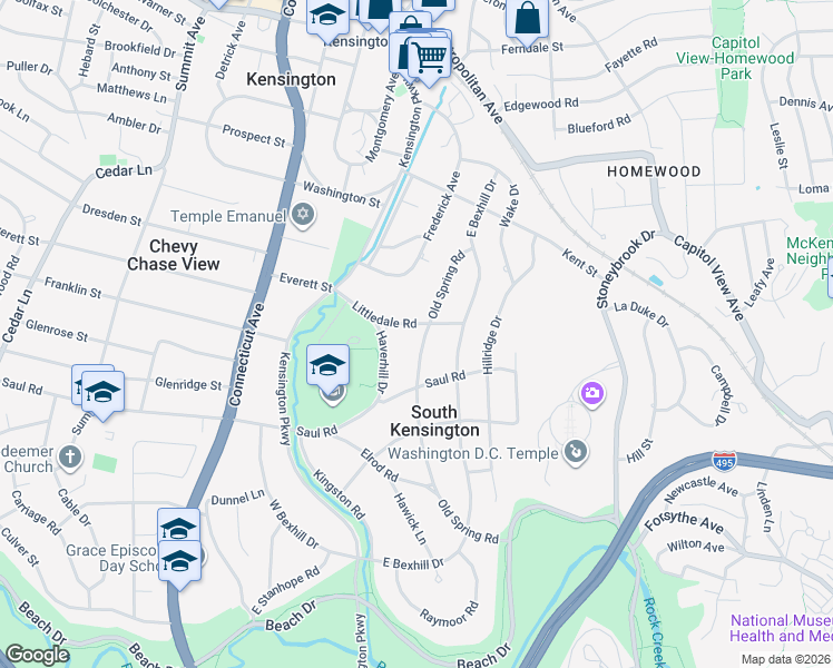 map of restaurants, bars, coffee shops, grocery stores, and more near 9820 Old Spring Road in Kensington