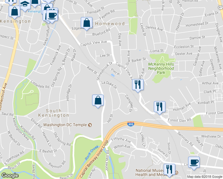 map of restaurants, bars, coffee shops, grocery stores, and more near 9817 Hill Street in Kensington