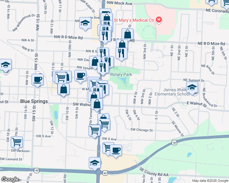 map of restaurants, bars, coffee shops, grocery stores, and more near 601 Northwest Lakeview Road in Blue Springs