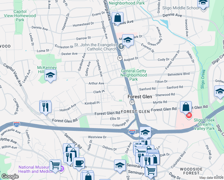 map of restaurants, bars, coffee shops, grocery stores, and more near 9903 Blundon Drive in Silver Spring
