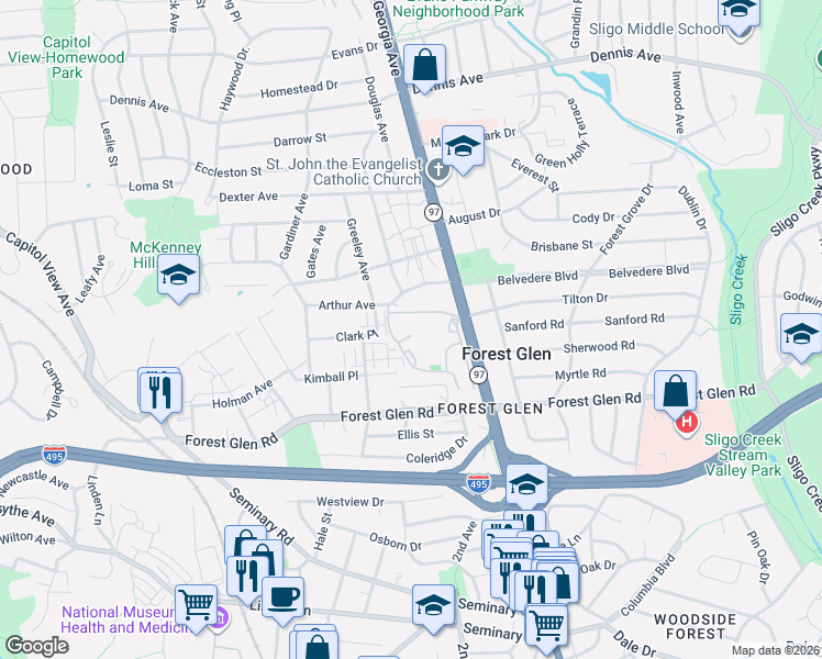 map of restaurants, bars, coffee shops, grocery stores, and more near 9901 Blundon Drive in Silver Spring