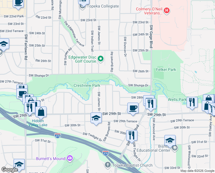 map of restaurants, bars, coffee shops, grocery stores, and more near 2700 Southwest Burnett Road in Topeka