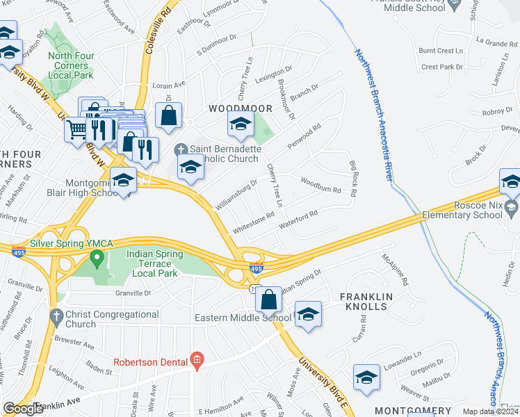 map of restaurants, bars, coffee shops, grocery stores, and more near 9904 Indian Lane in Silver Spring