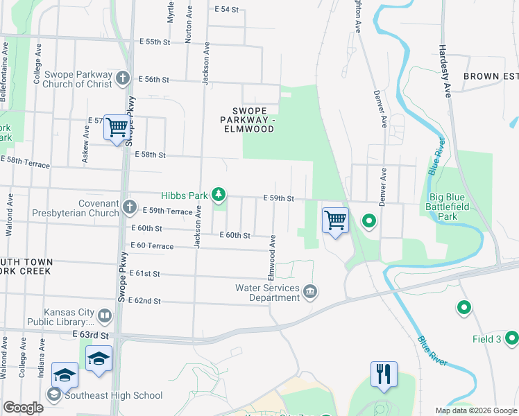 map of restaurants, bars, coffee shops, grocery stores, and more near 5910 Elmwood Avenue in Kansas City