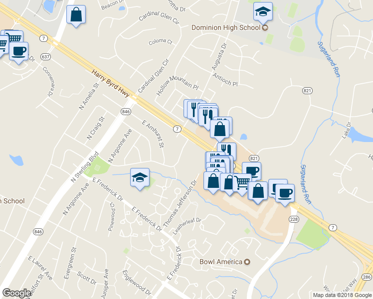map of restaurants, bars, coffee shops, grocery stores, and more near 619 E Charlotte St in Sterling