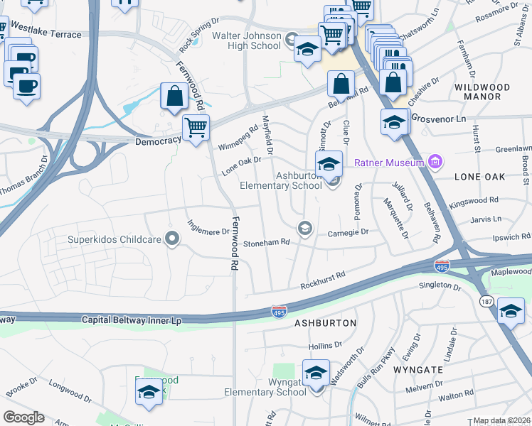 map of restaurants, bars, coffee shops, grocery stores, and more near 9813 Holmhurst Road in Bethesda