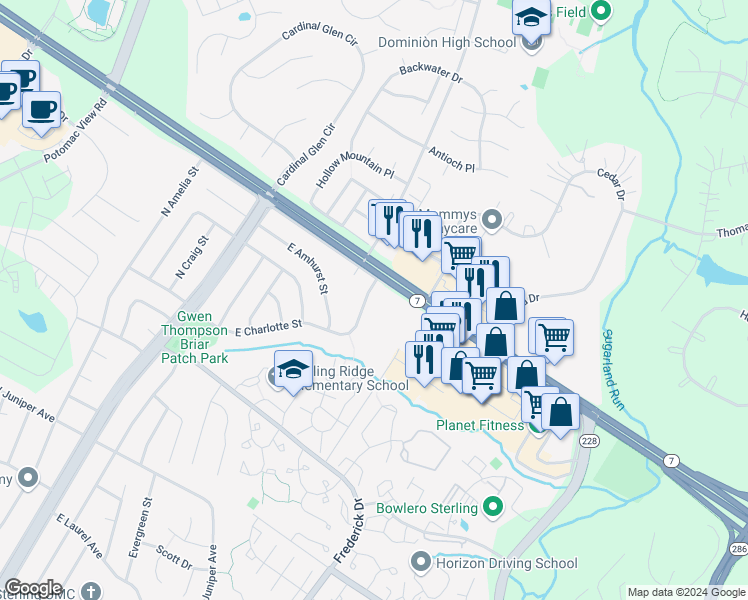 map of restaurants, bars, coffee shops, grocery stores, and more near 619 E Charlotte St in Sterling