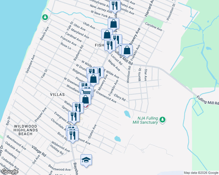 map of restaurants, bars, coffee shops, grocery stores, and more near 16 Alexander Avenue in Villas