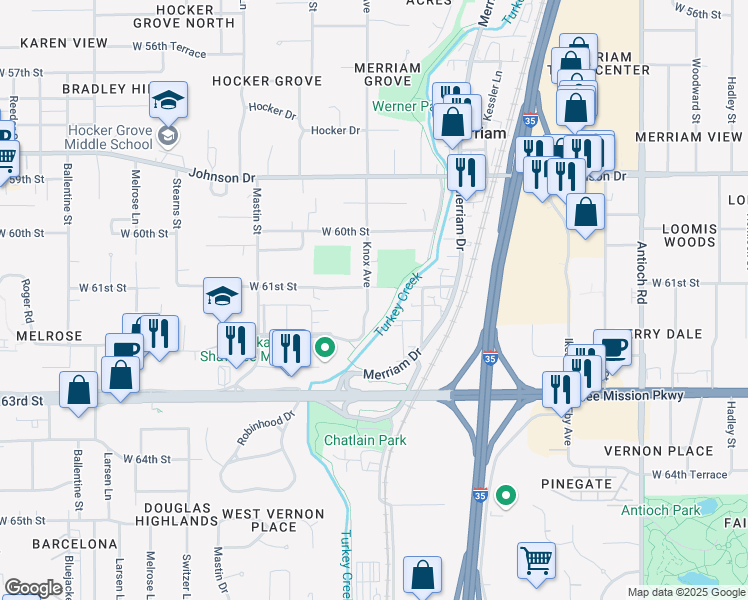 map of restaurants, bars, coffee shops, grocery stores, and more near 6109 Knox Avenue in Merriam