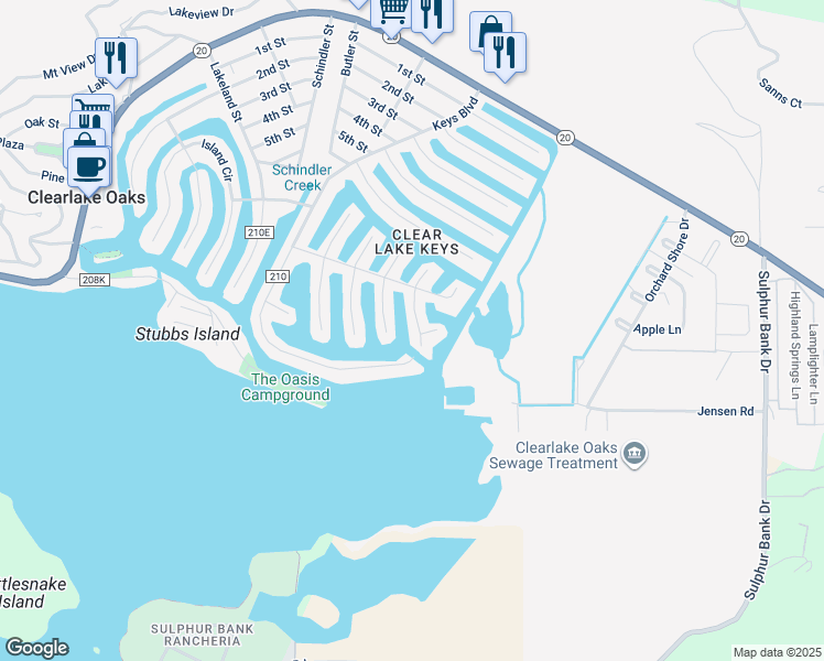 map of restaurants, bars, coffee shops, grocery stores, and more near 13262 Surf Lane in Clearlake Oaks