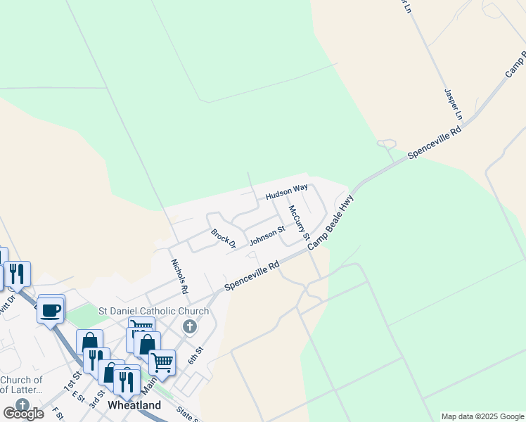 map of restaurants, bars, coffee shops, grocery stores, and more near 148 Sullivan Way in Wheatland