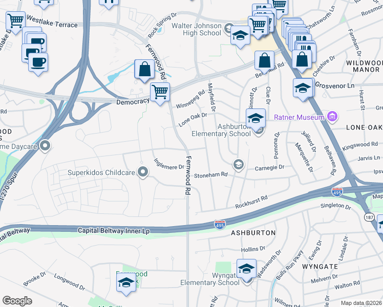 map of restaurants, bars, coffee shops, grocery stores, and more near 9821 Fernwood Road in Bethesda
