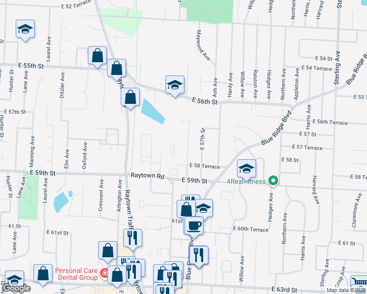 map of restaurants, bars, coffee shops, grocery stores, and more near 5728 Cedar Avenue in Raytown