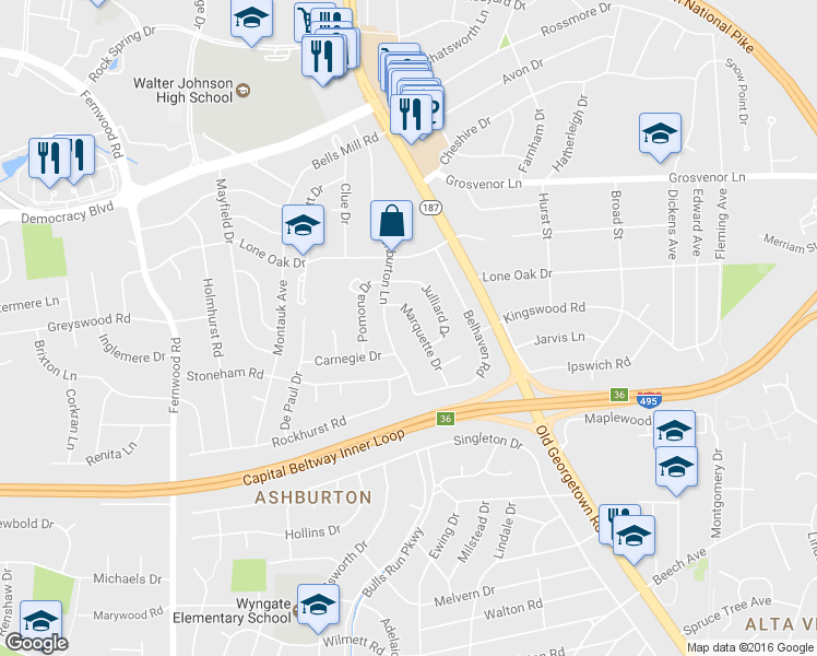 map of restaurants, bars, coffee shops, grocery stores, and more near 9906 Marquette Drive in Bethesda