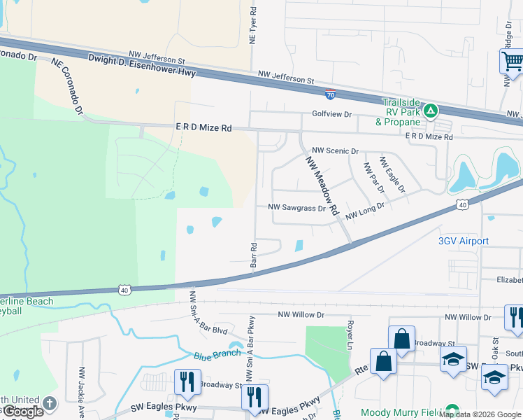map of restaurants, bars, coffee shops, grocery stores, and more near 157 Barr Road in Grain Valley