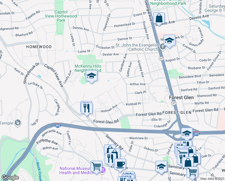 map of restaurants, bars, coffee shops, grocery stores, and more near 9824 McMillan Avenue in Silver Spring