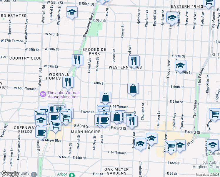 map of restaurants, bars, coffee shops, grocery stores, and more near 6012 Locust Street in Kansas City