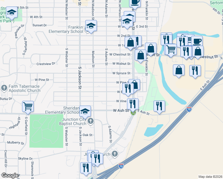 map of restaurants, bars, coffee shops, grocery stores, and more near 226 West Elm Street in Junction City