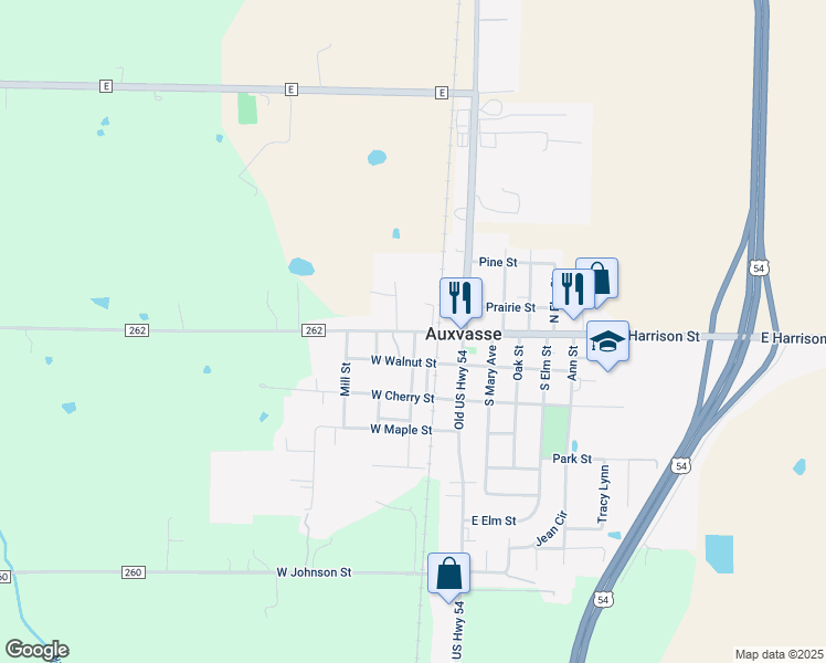 map of restaurants, bars, coffee shops, grocery stores, and more near West Harrison Street in Auxvasse