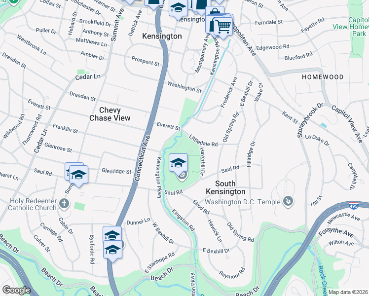 map of restaurants, bars, coffee shops, grocery stores, and more near 3618 Littledale Road in Kensington