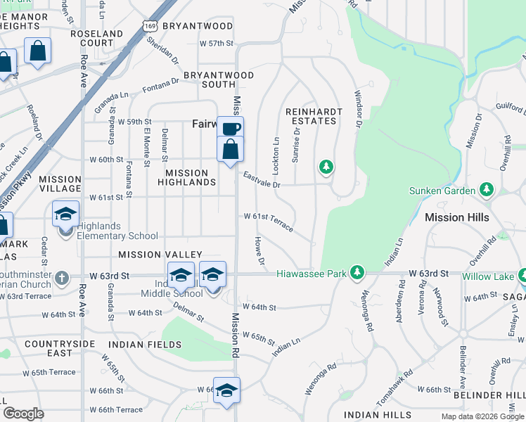 map of restaurants, bars, coffee shops, grocery stores, and more near 3714 West 61st Terrace in Fairway