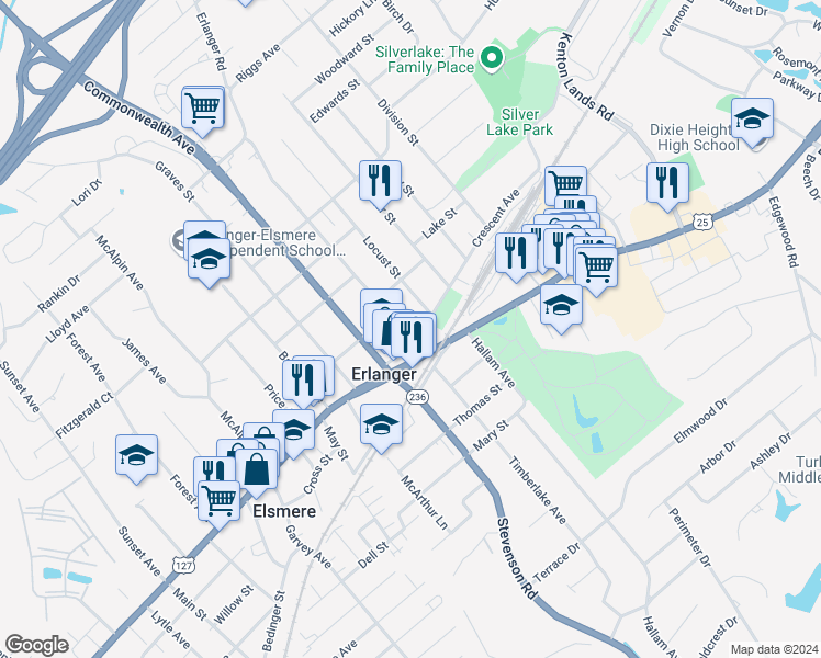 map of restaurants, bars, coffee shops, grocery stores, and more near 20 Erlanger Road in Erlanger