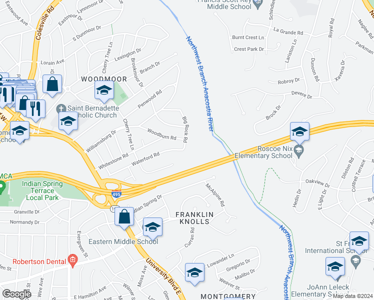 map of restaurants, bars, coffee shops, grocery stores, and more near 9907 Big Rock Road in Silver Spring