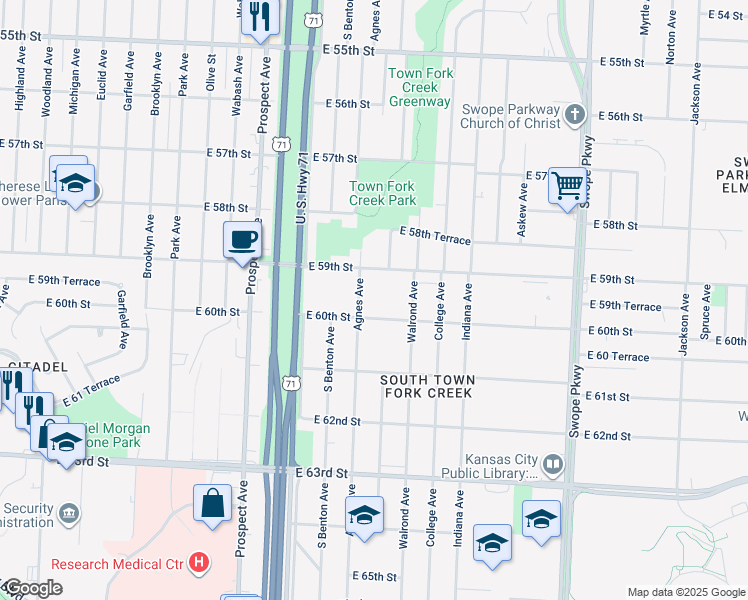 map of restaurants, bars, coffee shops, grocery stores, and more near 5931 Agnes Avenue in Kansas City