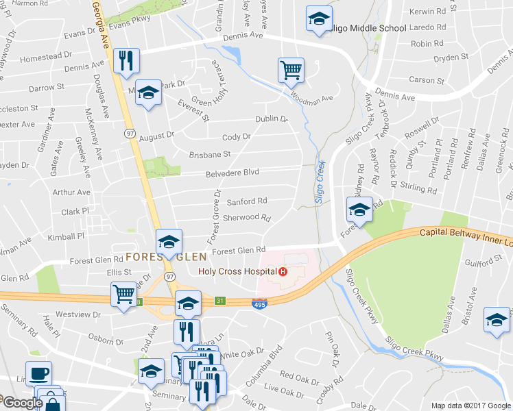 map of restaurants, bars, coffee shops, grocery stores, and more near 1606 Sanford Road in Silver Spring